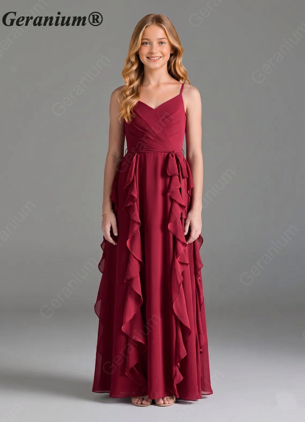 Geranium Sage Green Chiffon Junior Bridesmaid Dress with Ruffle Skirt – Spaghetti Strap V-Neck Teen Formal Dress KD-57