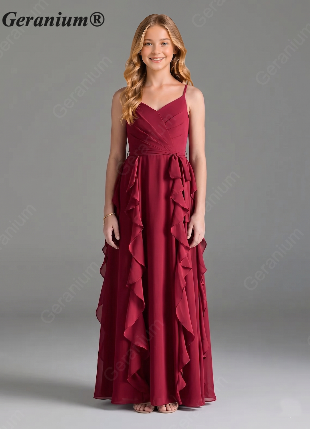 Geranium Sage Green Chiffon Junior Bridesmaid Dress with Ruffle Skirt – Spaghetti Strap V-Neck Teen Formal Dress KD-57