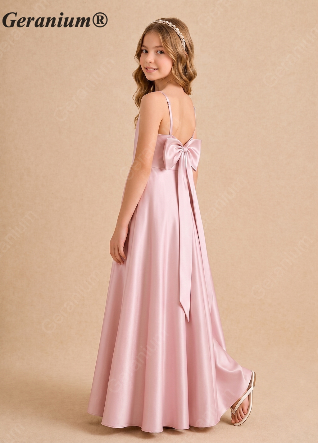 Geranium Elegant Satin Spaghetti Strap Junior Bridesmaid Dress with Statement Back Bow KD-215J