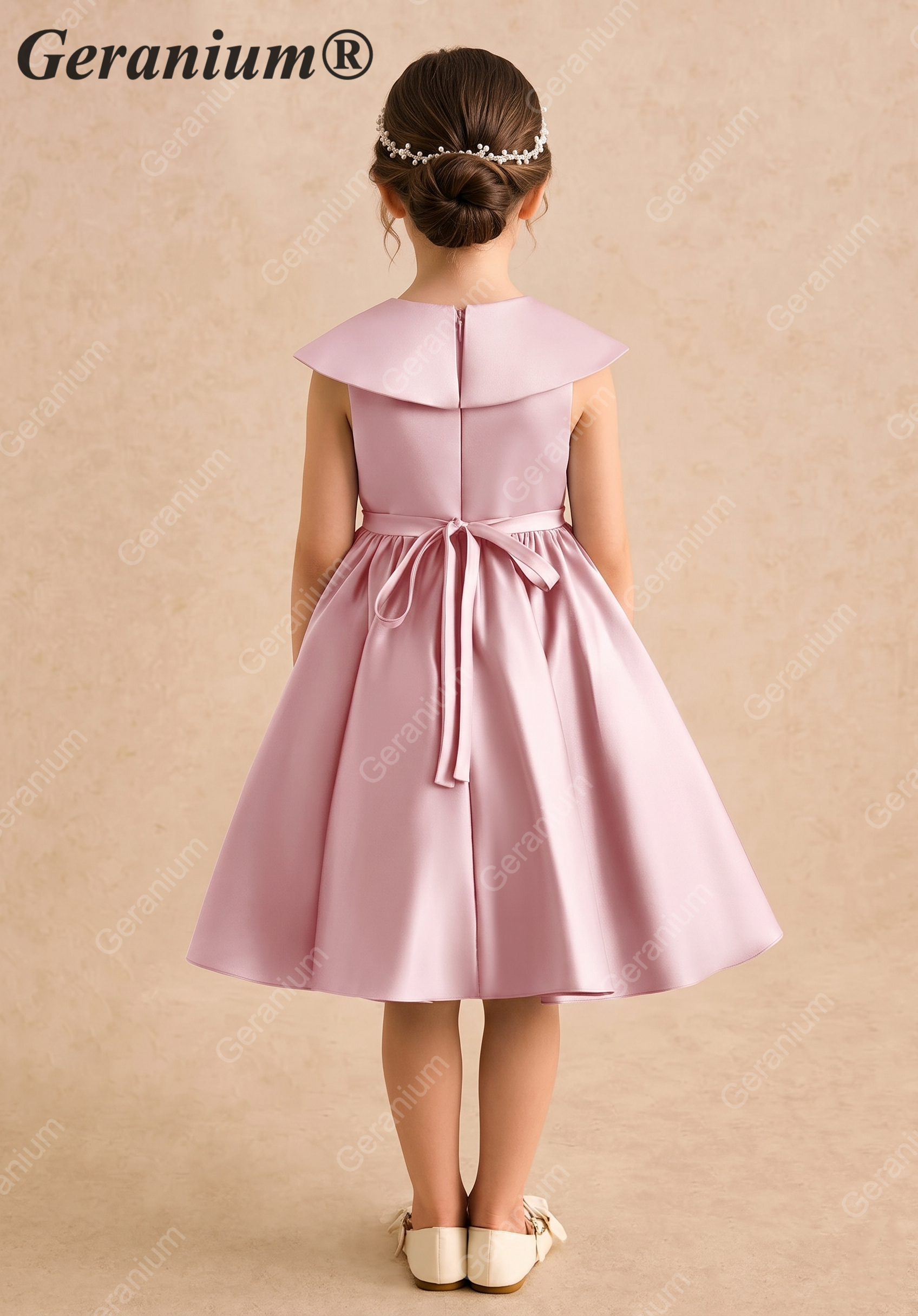 Geranium Elegant Girls' Pink Satin A-Line Party Dress with Oversized Bow Collar - Perfect for Flower Girls & Birthdays KD-222