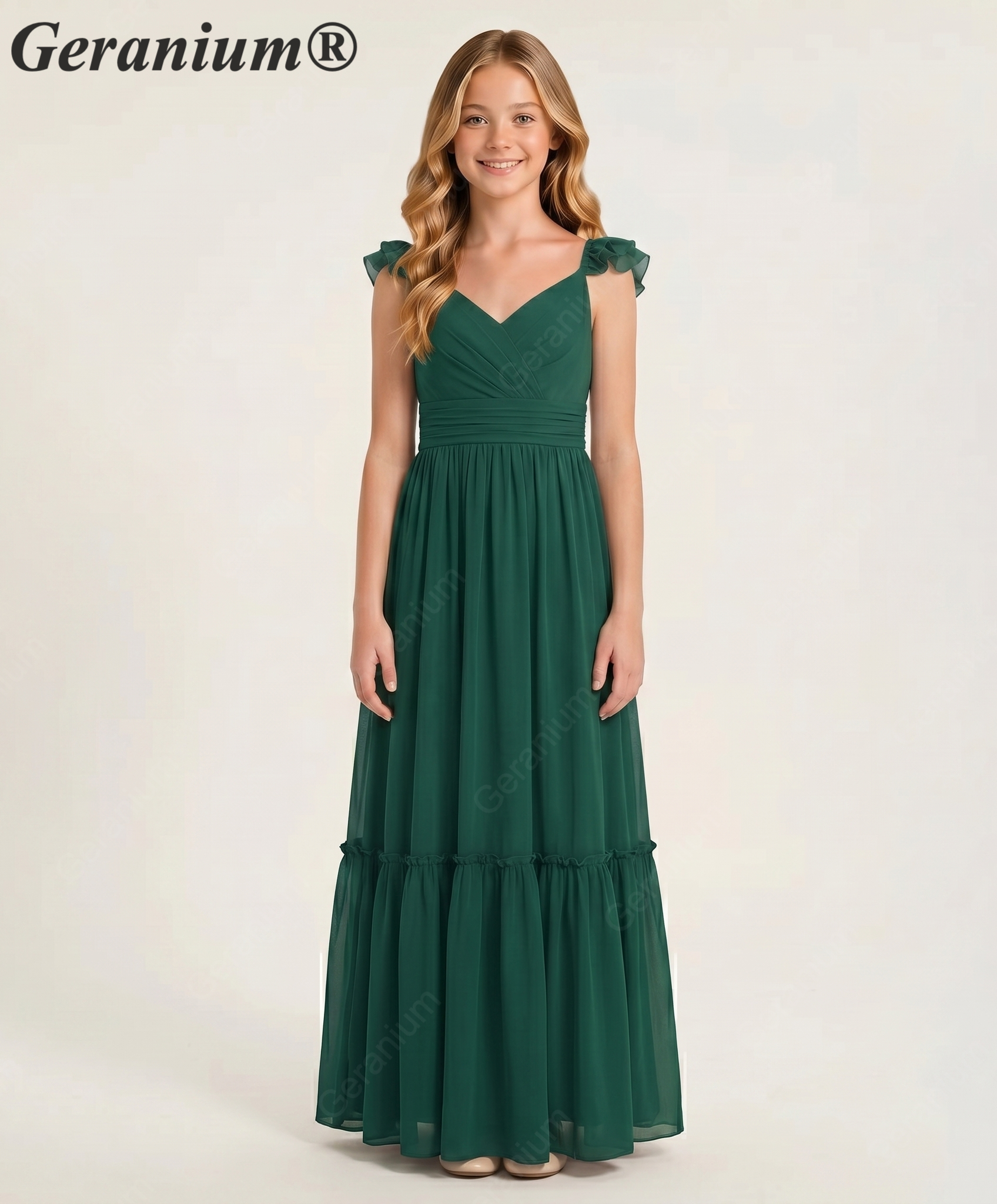 Geranium unior Dark Green Chiffon Ruffled Off-the-Shoulder Bridesmaid Maxi Dress with Tiered Hem KD-327
