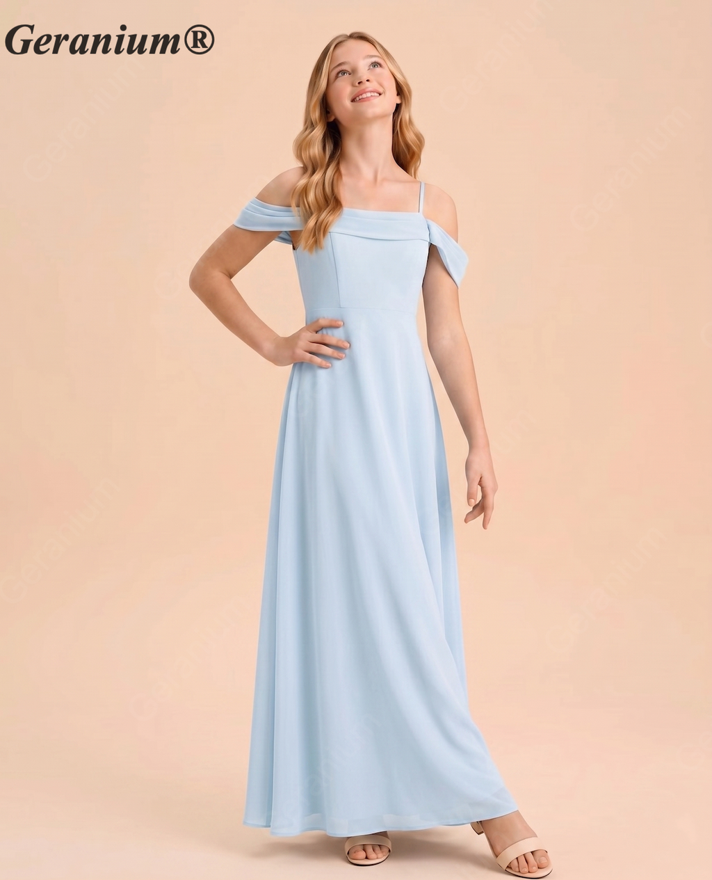 Geranium Dusty Blue Off-Shoulder Chiffon Bridesmaid Dress – A-Line Spaghetti Strap Floor-Length Elegant Formal Dress KD-167