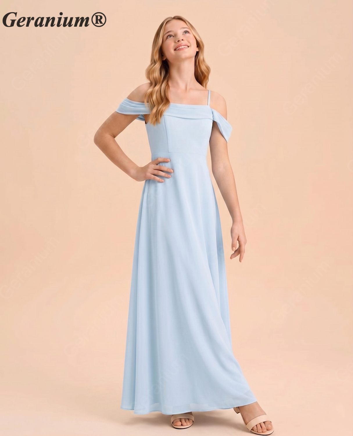 Geranium Dusty Blue Off-Shoulder Chiffon Bridesmaid Dress – A-Line Spaghetti Strap Floor-Length Elegant Formal Dress KD-167