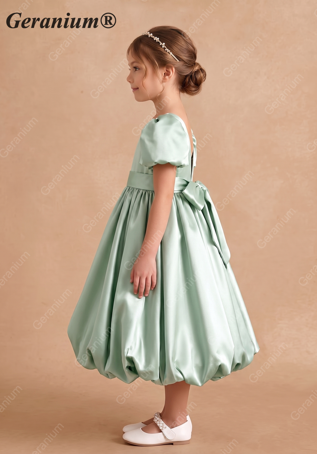 Geranium Elegant Sage Green Bubble Hem Flower Girl Dress with Puff Sleeves & Oversized Back Bow KD-241