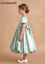 Geranium Elegant Sage Green Bubble Hem Flower Girl Dress with Puff Sleeves & Oversized Back Bow KD-241