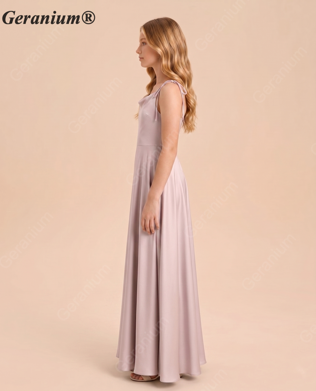 Geranium Elegant Tie-Strap Satin A-Line Junior Bridesmaid Dress in Soft Taupe KD-72