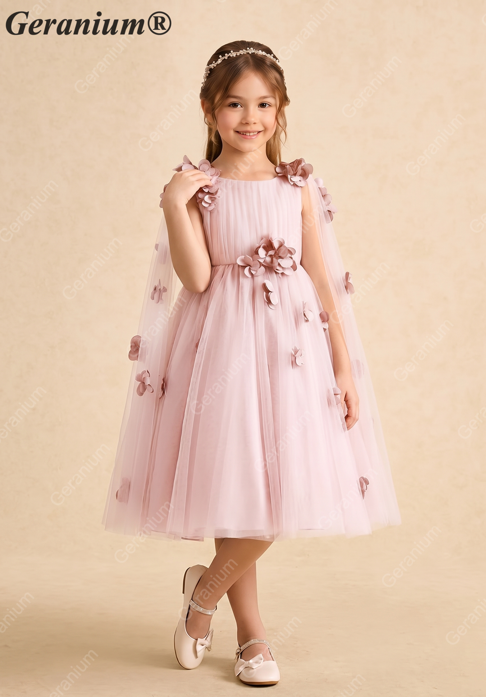 Geranium Enchanting Dusty Pink 3D Floral Flower Girl Dress with Ethereal Tulle Cape Sleeves KD-198