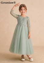 Geranium Sage Green Lace Applique Long Sleeve Flower Girl Dress - Heart Cut-out Back Tulle Princess Gown KD-289