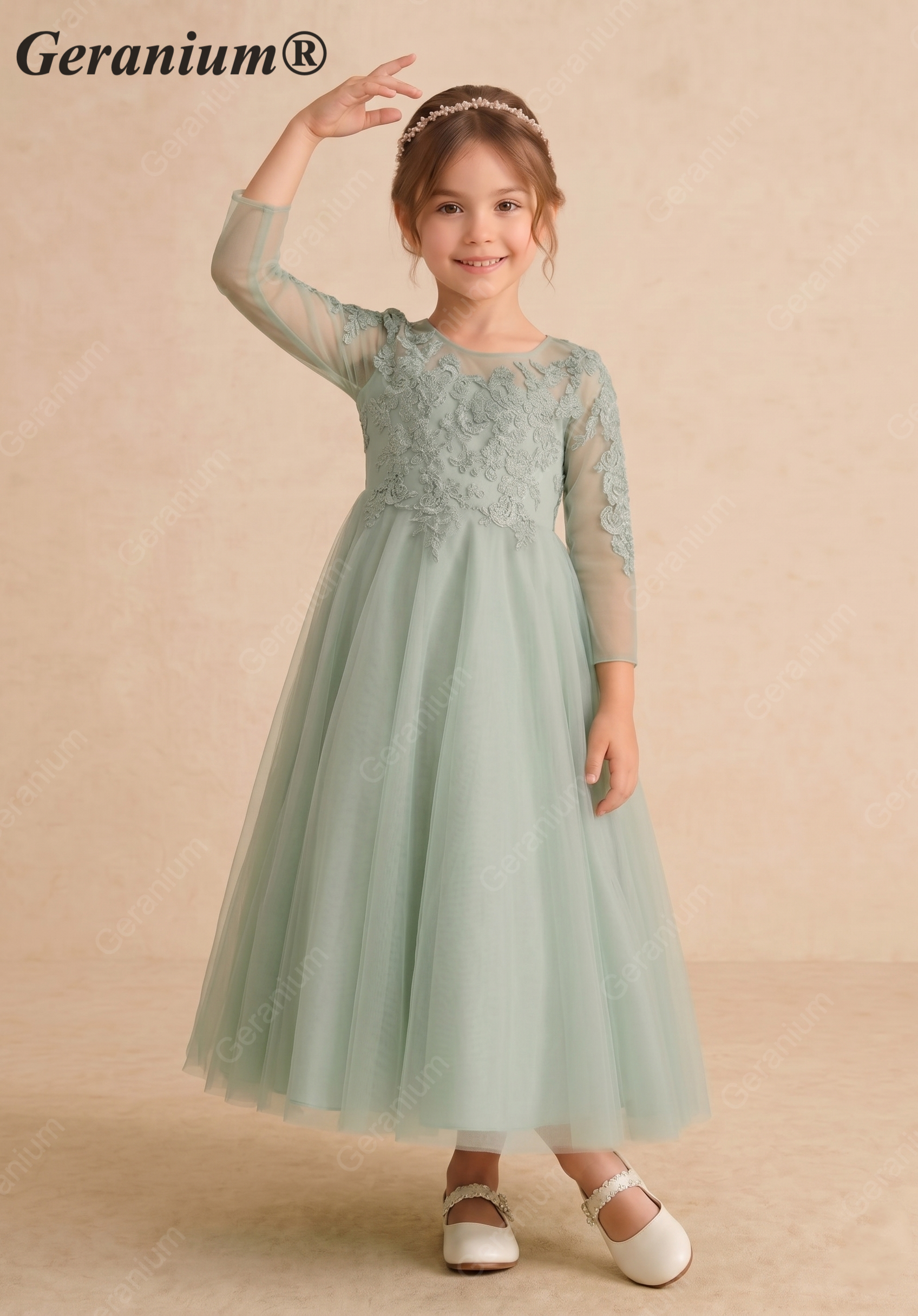 Geranium Sage Green Lace Applique Long Sleeve Flower Girl Dress - Heart Cut-out Back Tulle Princess Gown KD-289
