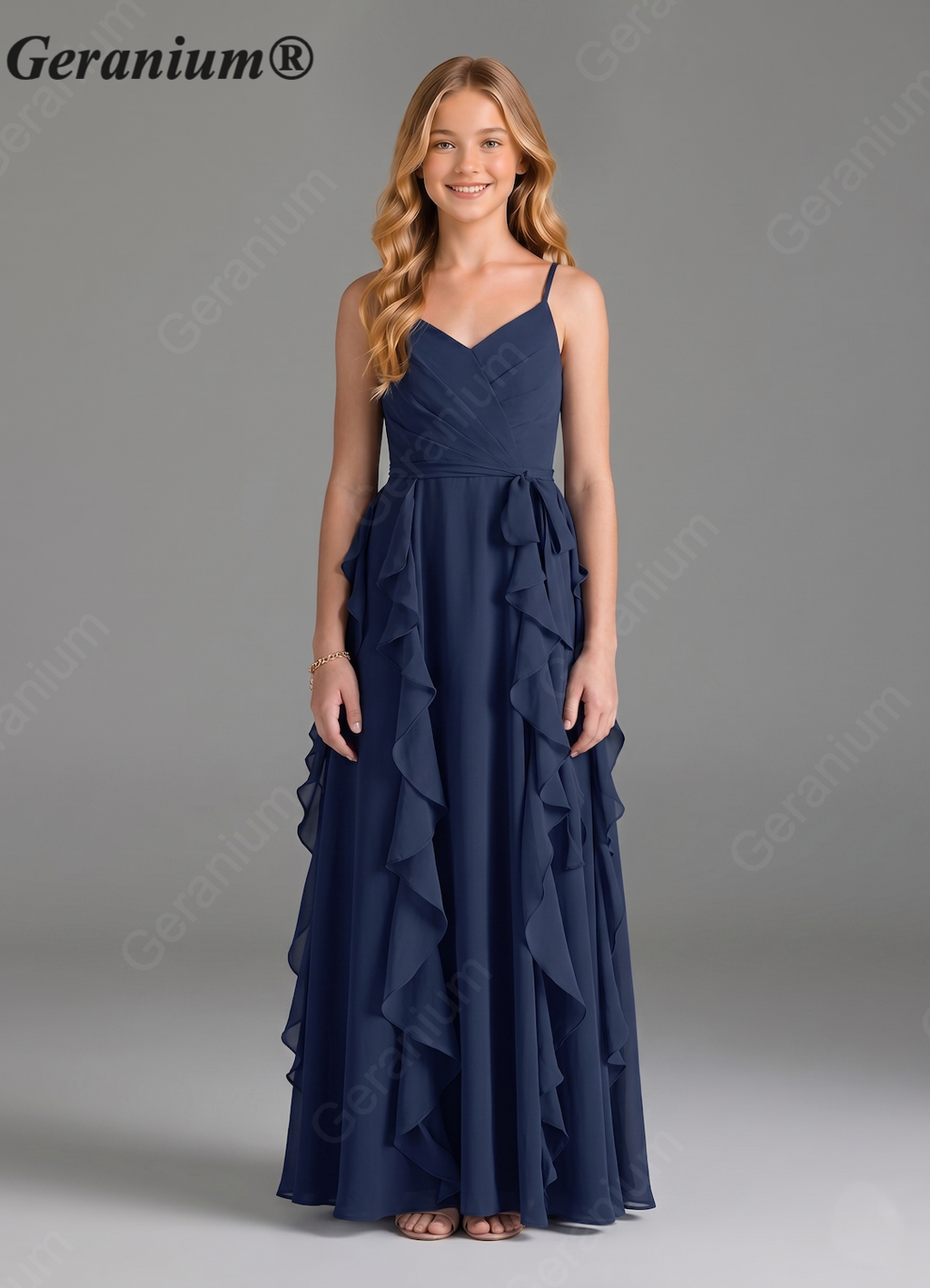 Geranium Sage Green Chiffon Junior Bridesmaid Dress with Ruffle Skirt – Spaghetti Strap V-Neck Teen Formal Dress KD-57