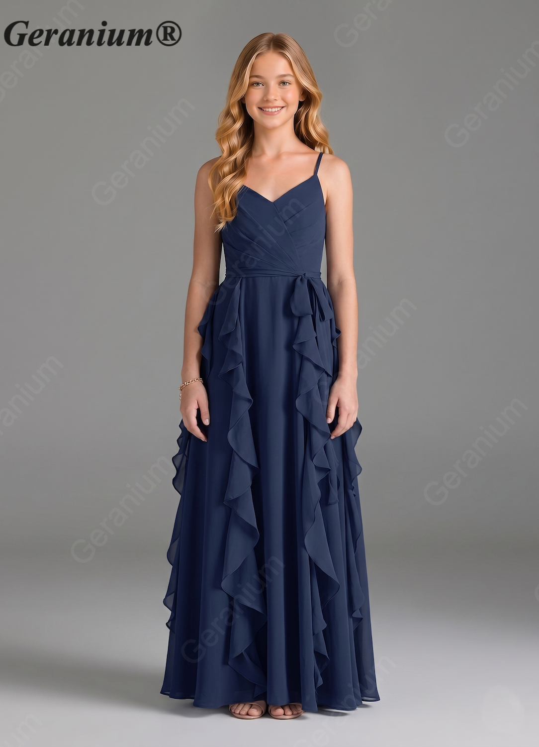 Geranium Sage Green Chiffon Junior Bridesmaid Dress with Ruffle Skirt – Spaghetti Strap V-Neck Teen Formal Dress KD-57