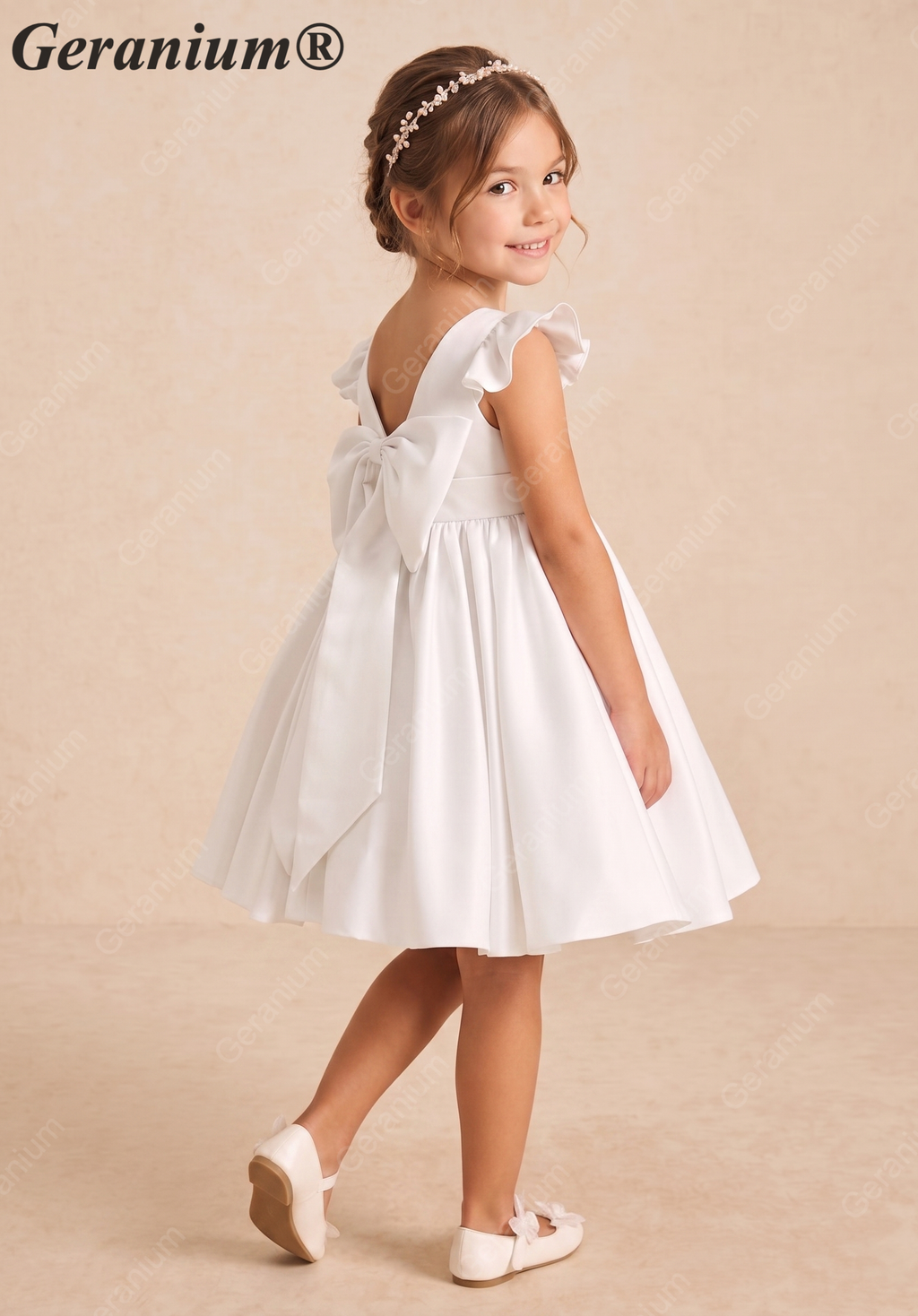 Geranium Elegant Flutter Sleeve Satin Flower Girl Dress with Oversized Back Bow - Ball Gown for Weddings & Communtions KD-280