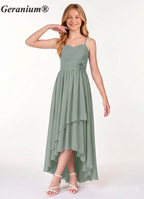 Geranium Sage Green Junior Bridesmaid Dress Spaghetti Strap Chiffon High Low A-Line Flower Waist Formal Dress for Girls KD-63