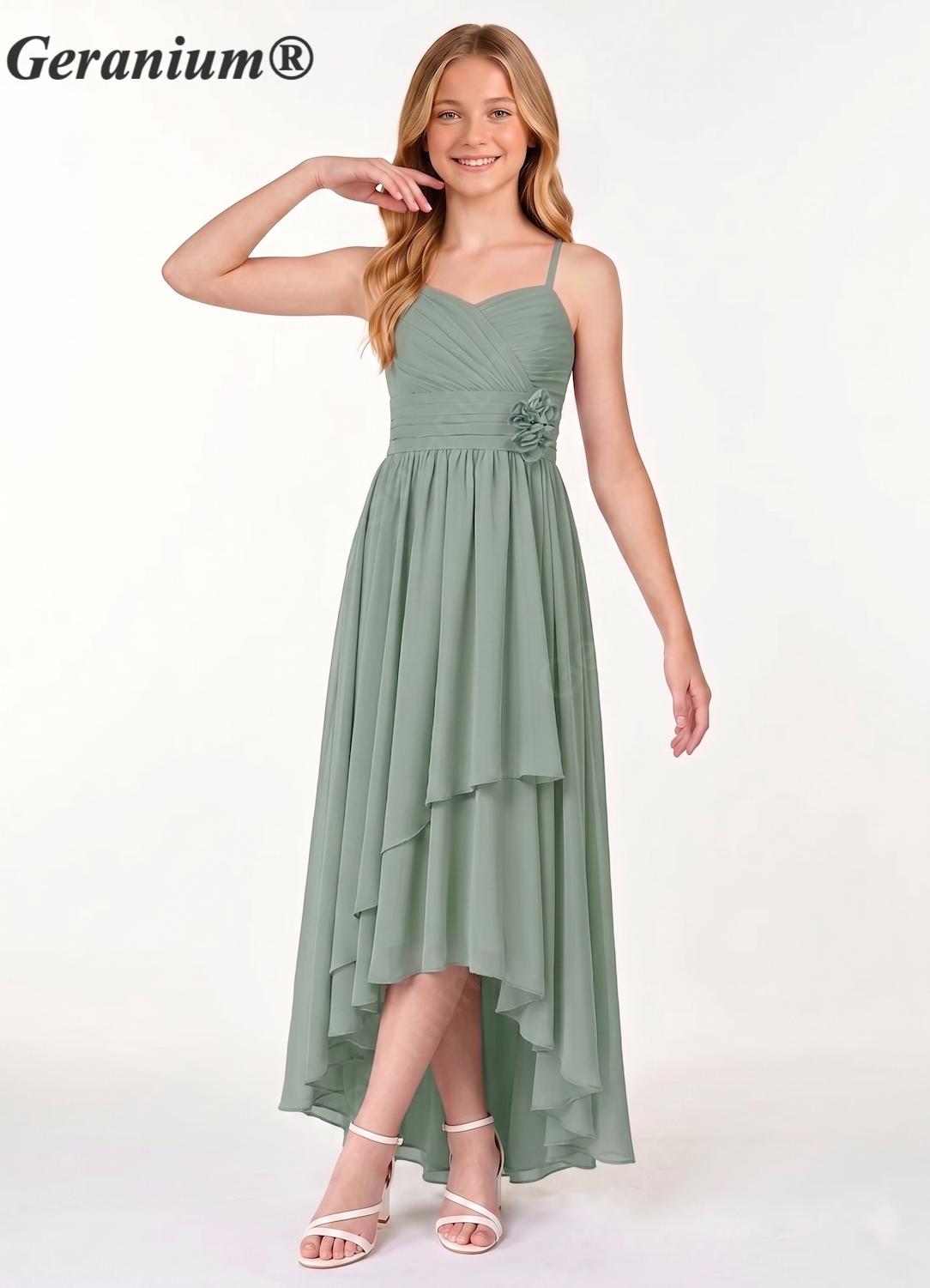 Geranium Sage Green Junior Bridesmaid Dress Spaghetti Strap Chiffon High Low A-Line Flower Waist Formal Dress for Girls KD-63