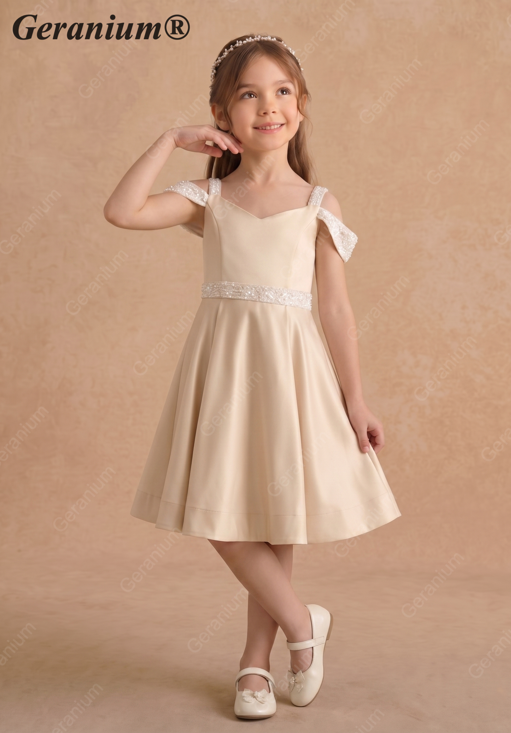 Geranium Girls' Champagne Matte Satin Cold Shoulder Flower Girl Dress with Beaded Sequin Waistband KD-250 Secondary image