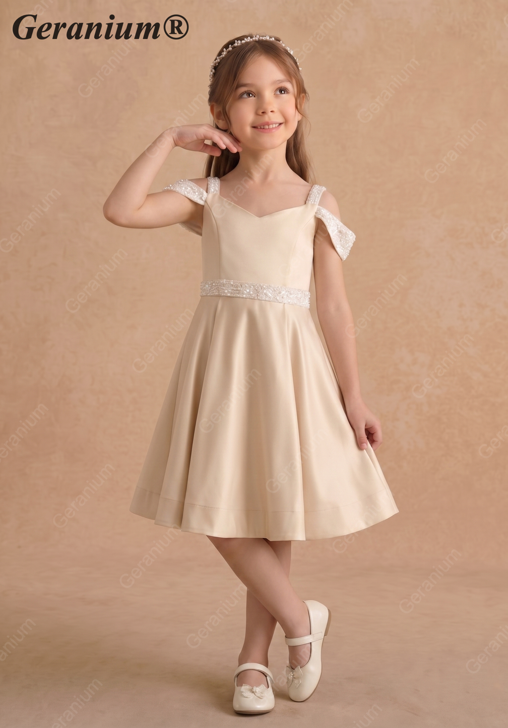 Geranium Girls' Champagne Matte Satin Cold Shoulder Flower Girl Dress with Beaded Sequin Waistband KD-250