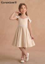 Geranium Girls' Champagne Matte Satin Cold Shoulder Flower Girl Dress with Beaded Sequin Waistband KD-250