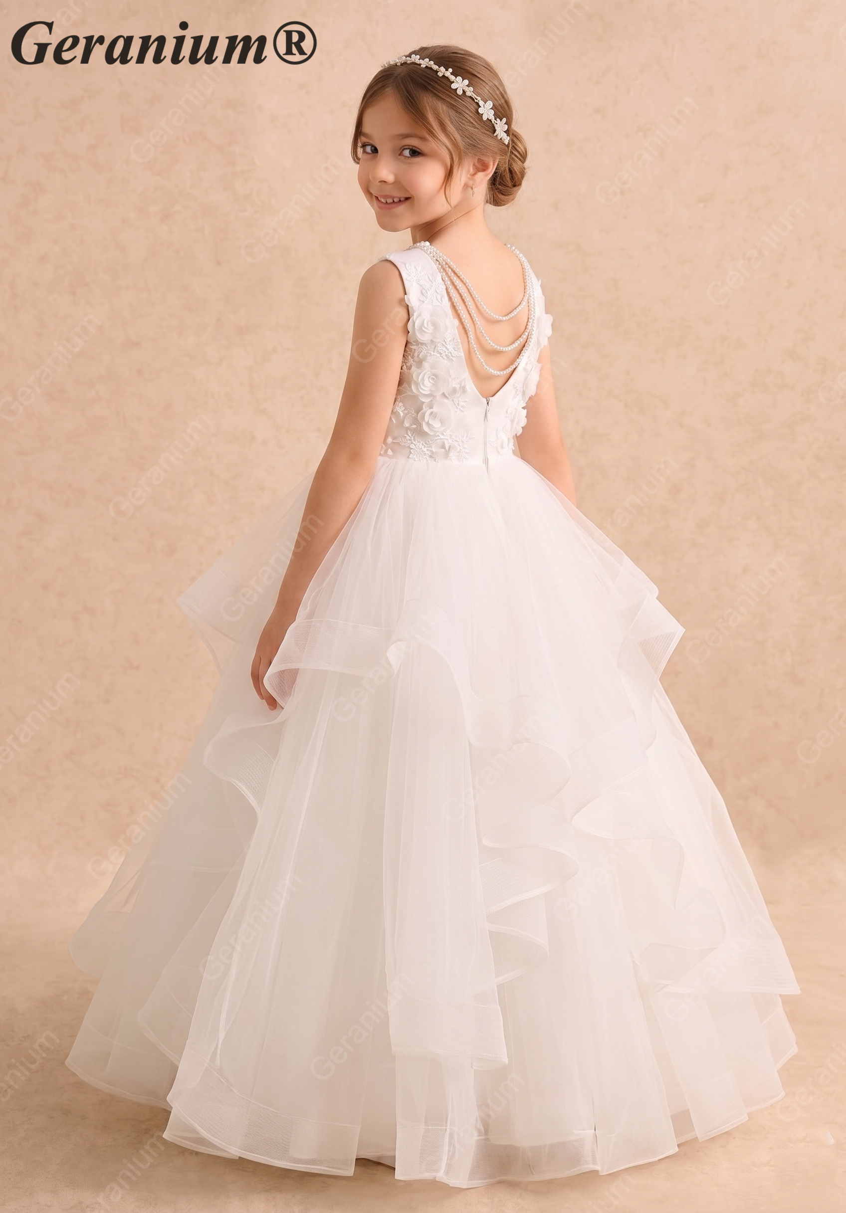 Geranium Ivory Pearl Back Tiered Tulle Flower Girl Dress – KD-279 Secondary image