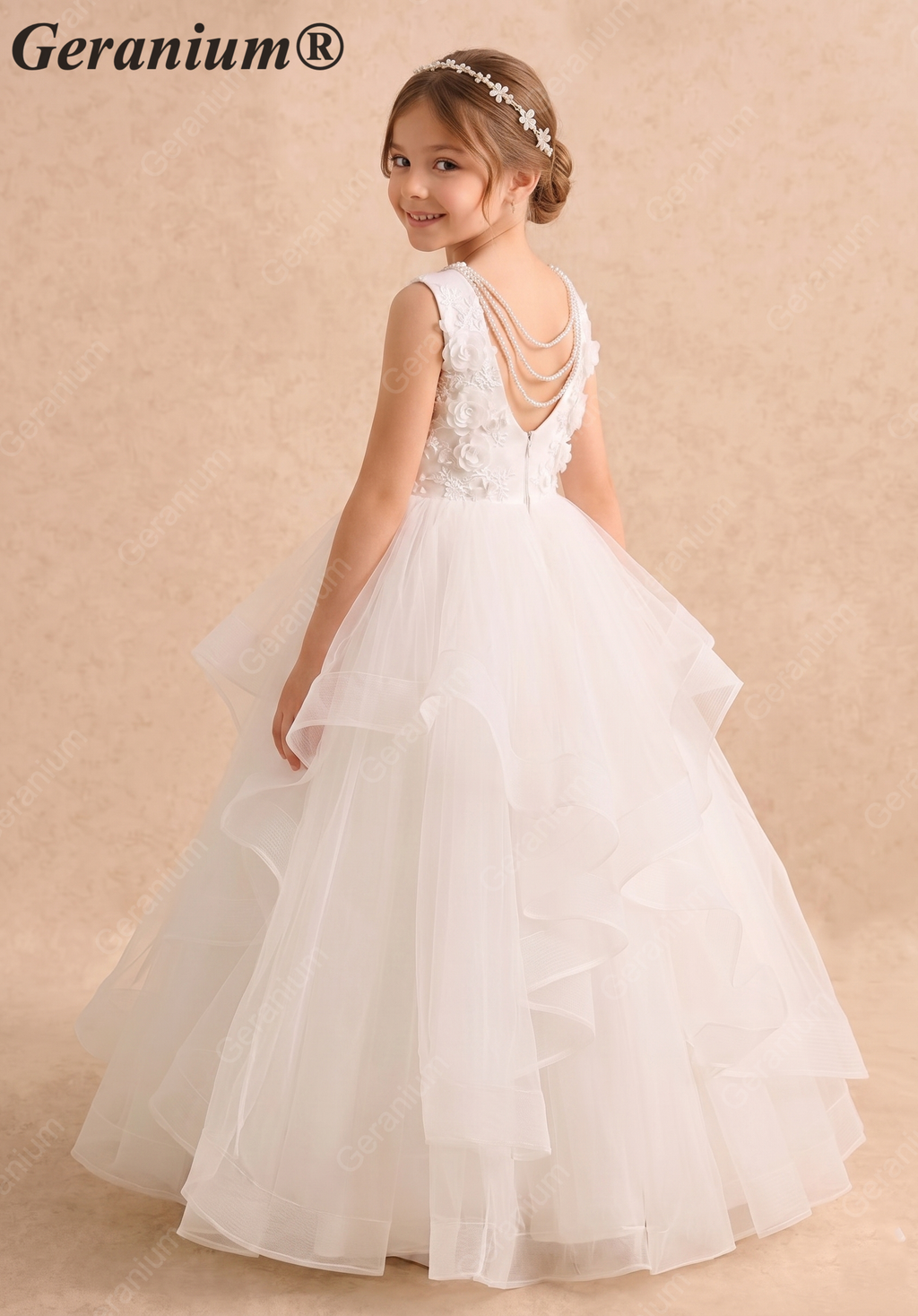 Geranium Elegant Pearl Back Tiered Tulle Flower Girl Dress - Luxury Communion & Birthday Ball Gown KD-279