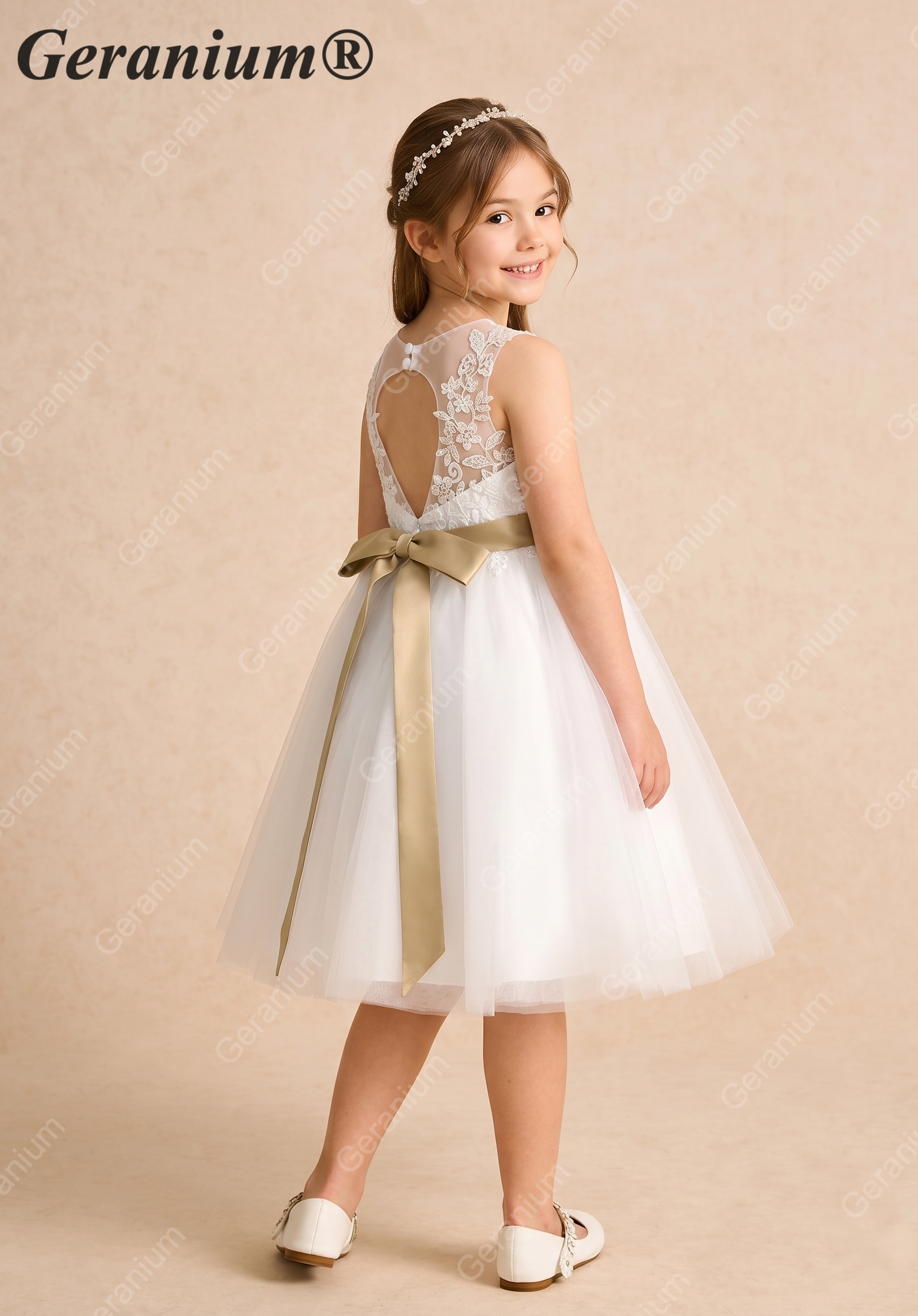 Geranium Elegant Lace Applique Flower Girl Dress - Illusion Back Tulle Tutu Party Gown with Champagne Sash KD-216