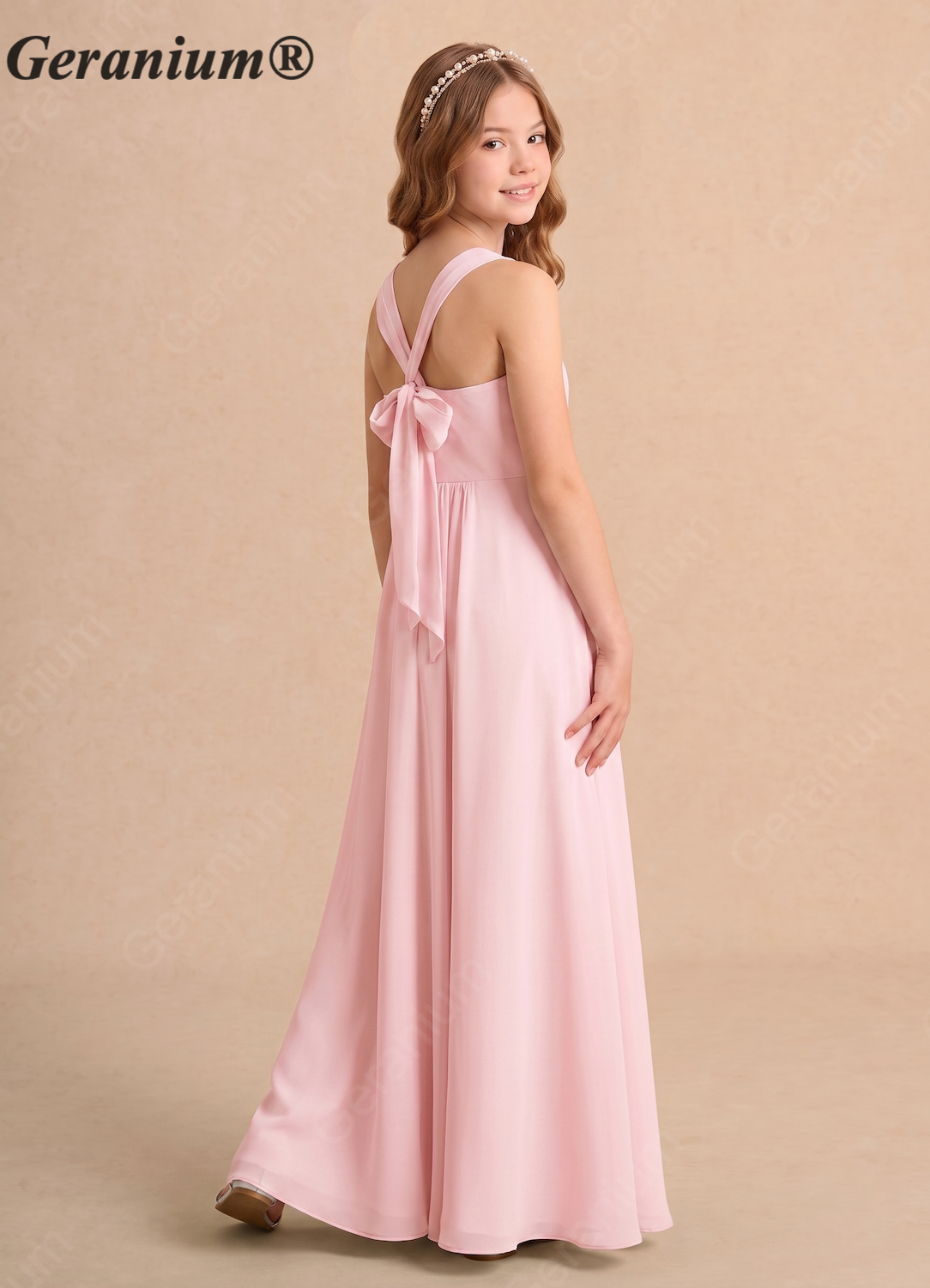 Geranium Blush Pink Chiffon Cold Shoulder Junior Bridesmaid Dress with Draped Back Bow – KD-173 Secondary image