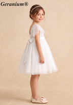 Geranium Elegant Lace Flower Girl Dress with Flutter Sleeves & Satin Bow - Knee Length Tulle Princess Gown KD-247