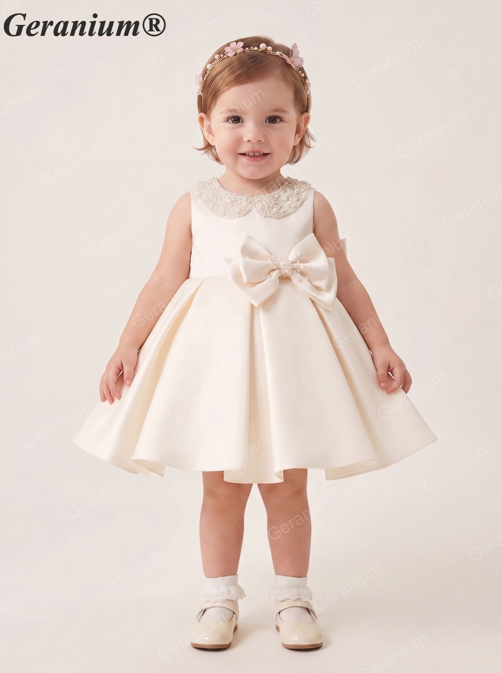 Geranium Pearl Peter Pan Collar Satin Flower Girl Dress - Elegant Toddler Princess Gown with Statement Bow KD-370
