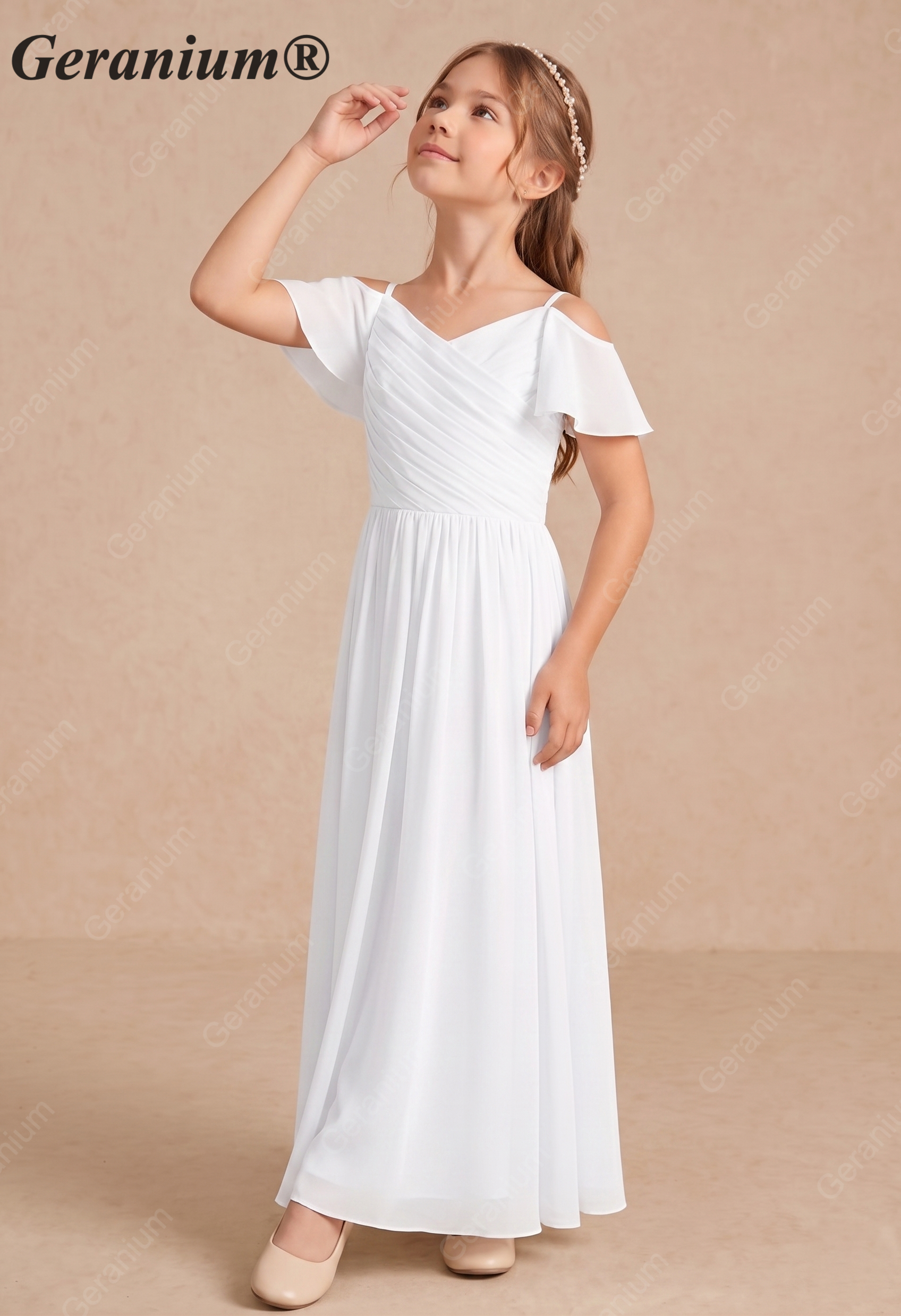 Geranium Cold Shoulder Chiffon Flower Girl Dress with Ruched V-Neck Bodice KD-260 Secondary image