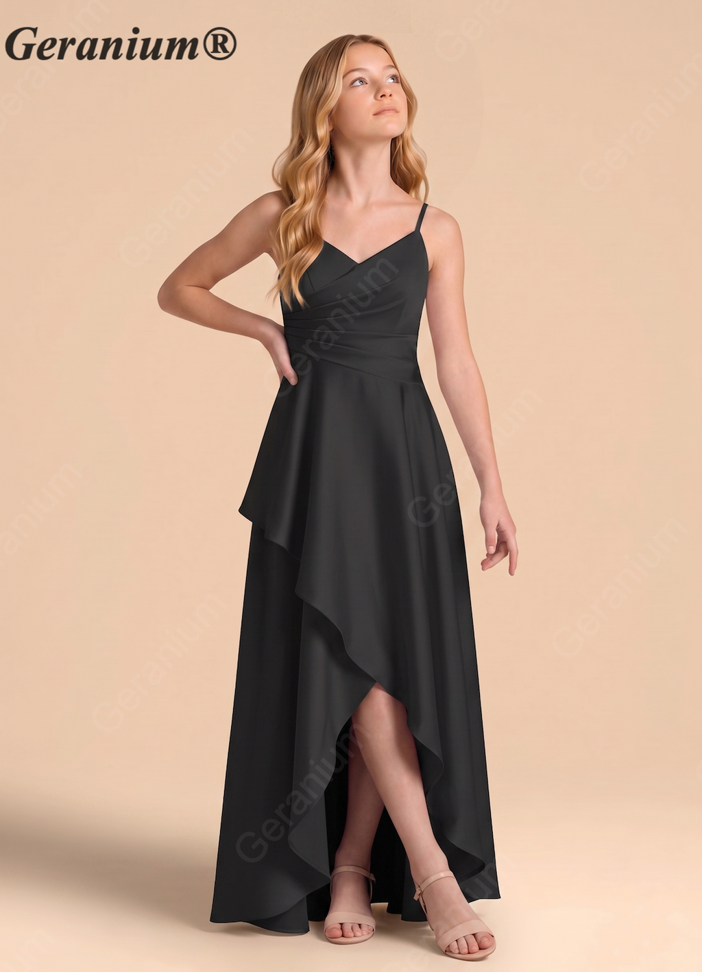 Geranium Elegant Black Spaghetti Strap High-Low Bridesmaid Dress with Draped Bodice KD-135
