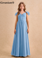 Geranium Elegant Chiffon Junior Bridesmaid Dress with Flutter Sleeves & Pleated V-Neck KD-126