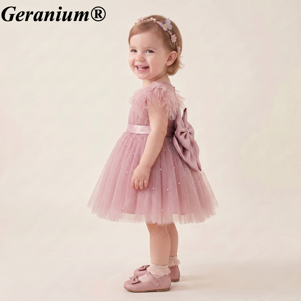 Geranium Elegant Toddler Girl Pink Pearl Tulle Princess Dress with Oversized Back Bow - Formal Birthday Party Gown KD-28