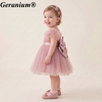 Geranium Elegant Toddler Girl Pink Pearl Tulle Princess Dress with Oversized Back Bow - Formal Birthday Party Gown KD-28