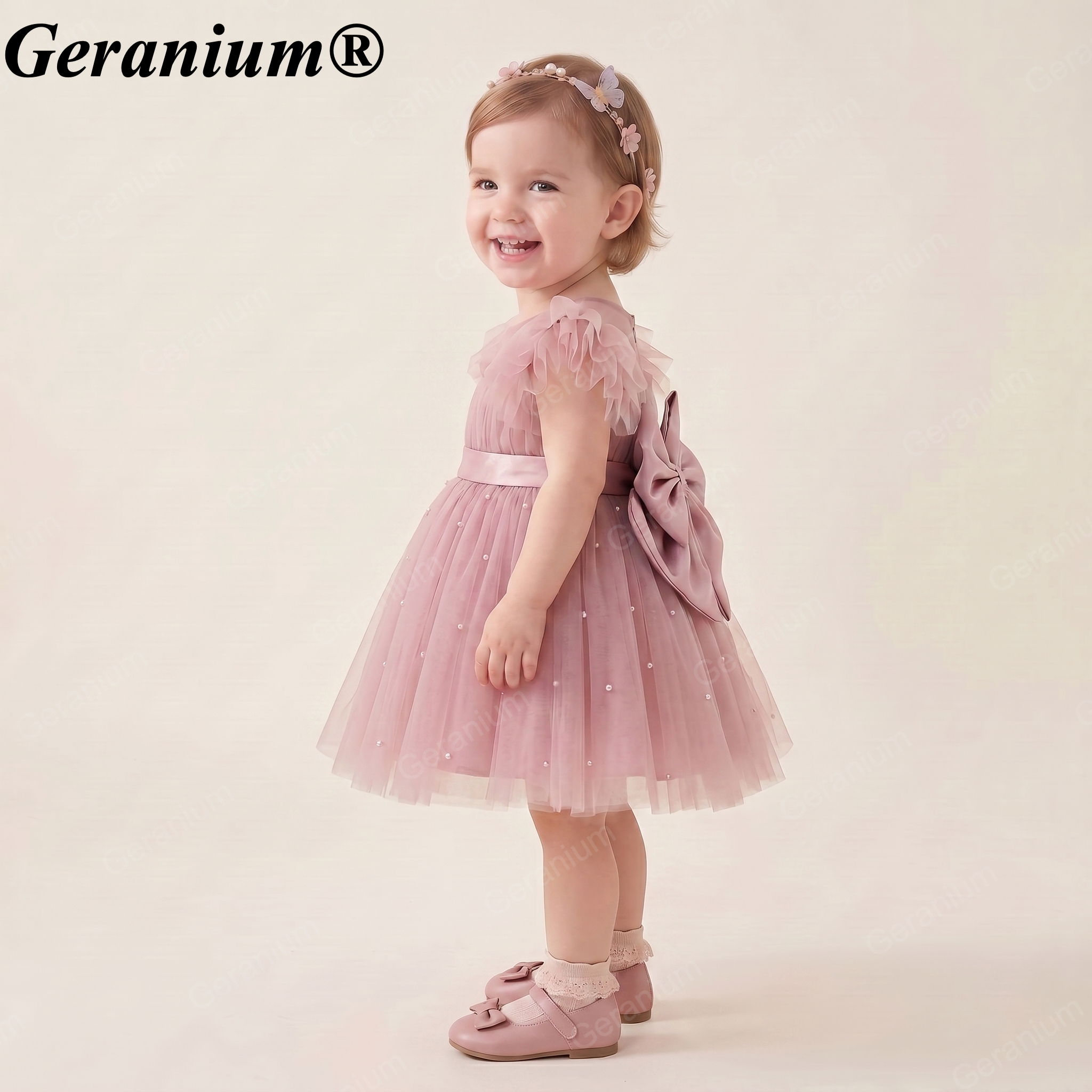Geranium Elegant Toddler Girl Pink Pearl Tulle Princess Dress with Oversized Back Bow - Formal Birthday Party Gown KD-28