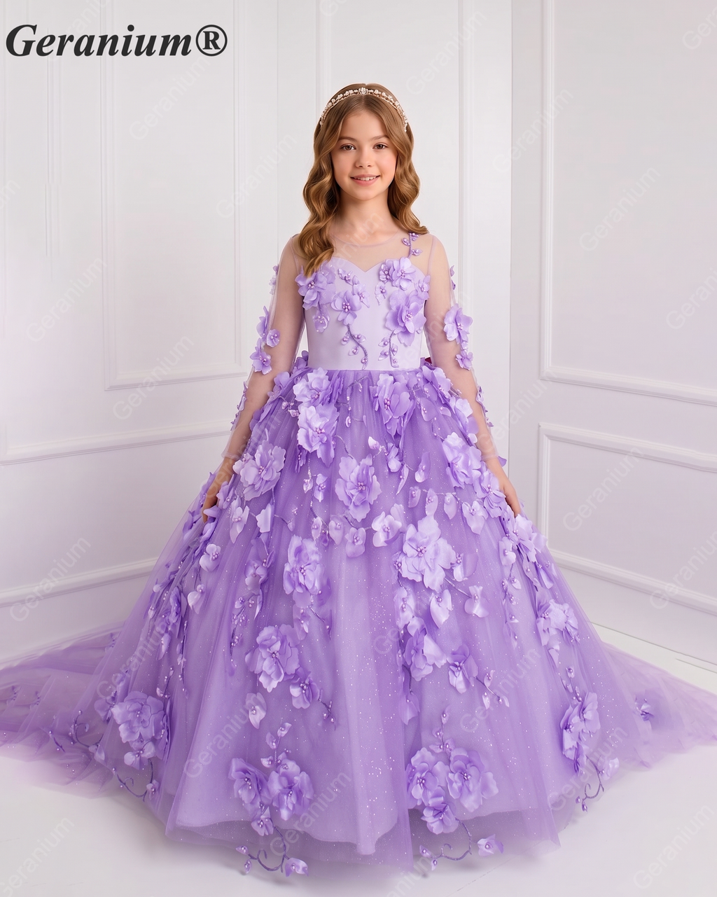 Geranium Couture 3D Floral Junior Pageant Ball Gown with Illusion Sleeves & Tulle Train KD-375