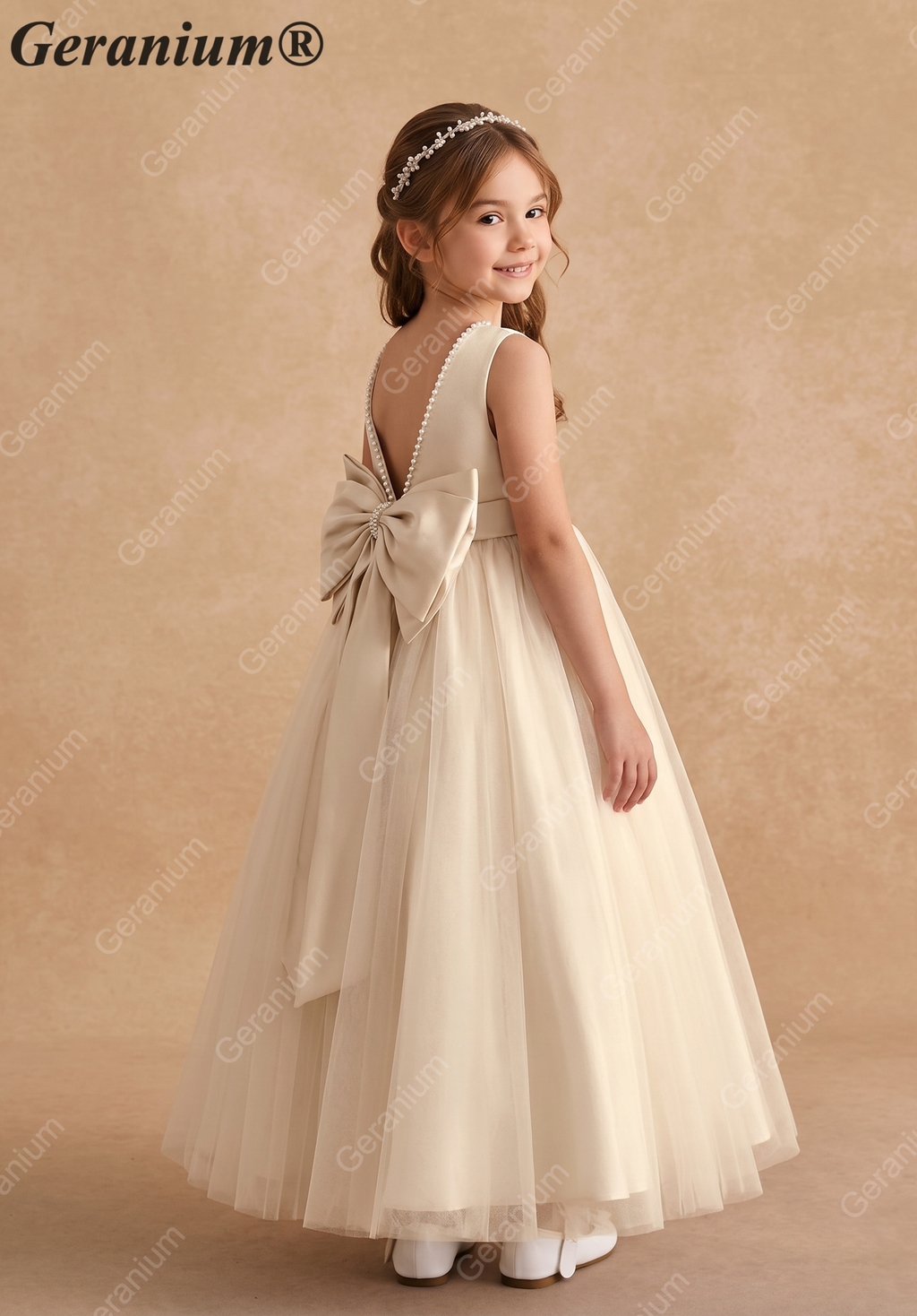 Geranium Elegant Champagne Flower Girl Dress with Pearl Trim and Oversized Back Bow - Satin & Tulle Princess Gown KD-194