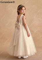 Geranium Elegant Champagne Flower Girl Dress with Pearl Trim and Oversized Back Bow - Satin & Tulle Princess Gown KD-194
