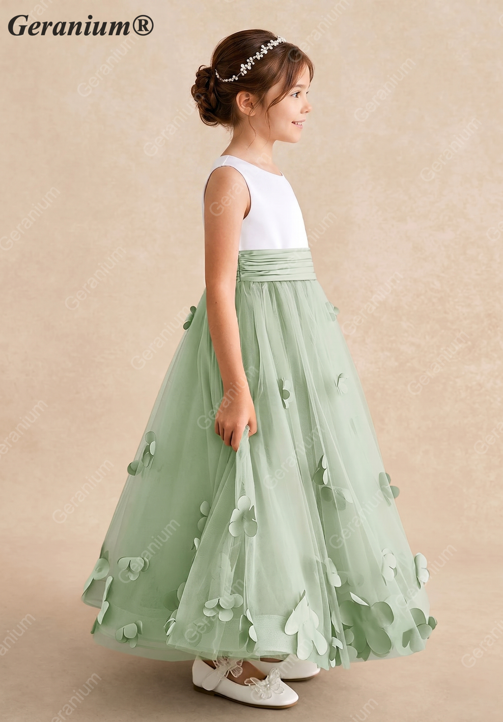 Geranium Two-Tone White & Sage Green Flower Girl Dress with 3D Floral Appliqués - Backless Princess Tulle Gown KD-187