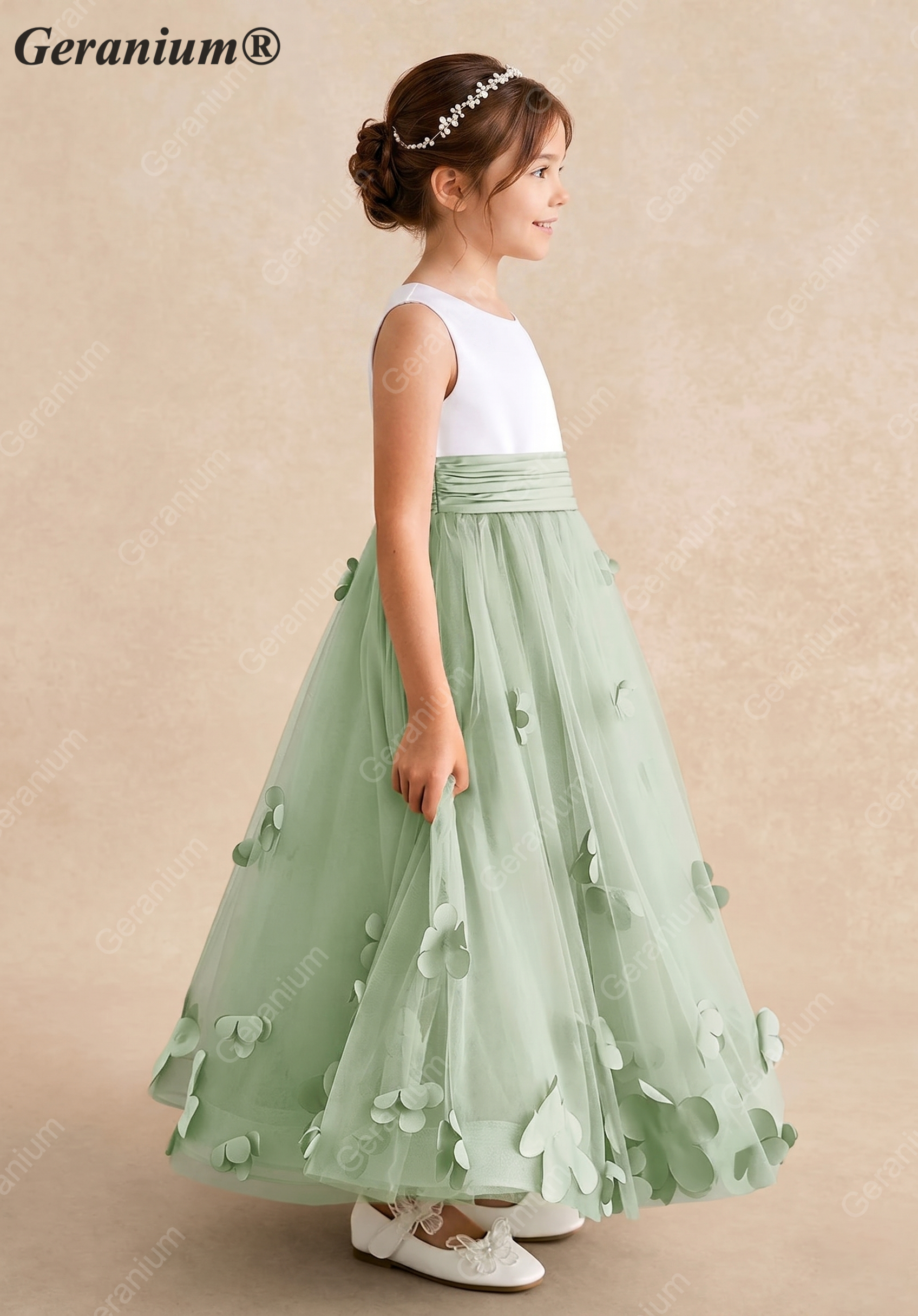 Geranium Two-Tone White & Sage Green Flower Girl Dress with 3D Floral Appliqués - Backless Princess Tulle Gown KD-187
