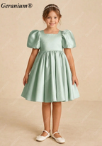 Geranium Elegant Sage Green Satin Flower Girl Dress - Heart Cutout Back with Oversized Bow - Puffy Short Sleeves Birthday Party Gown KD-282
