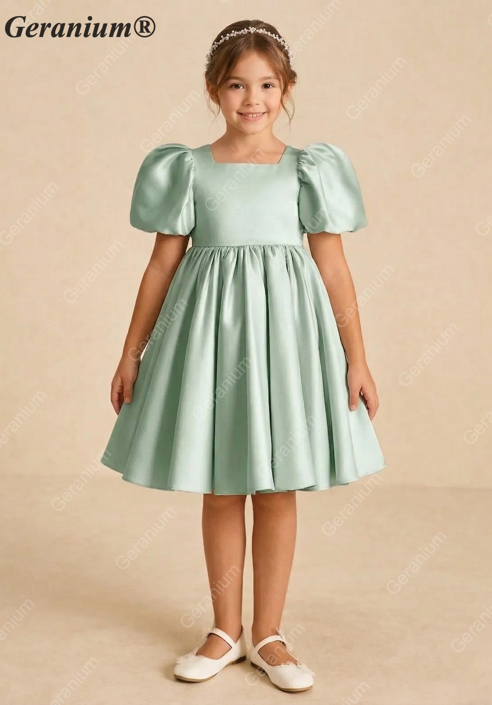 Geranium Elegant Sage Green Satin Flower Girl Dress - Heart Cutout Back with Oversized Bow - Puffy Short Sleeves Birthday Party Gown KD-282