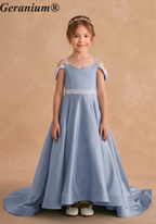 Geranium Ice Blue Satin Cold-Shoulder Flower Girl Dress with Sequin Waist & Long Train KD-263