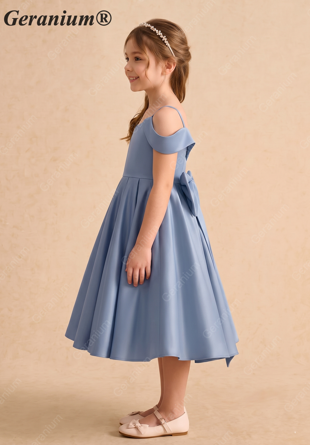 Geranium Elegant Dusty Blue Satin Off-The-Shoulder Flower Girl Dress with Oversized Back Bow KD-257