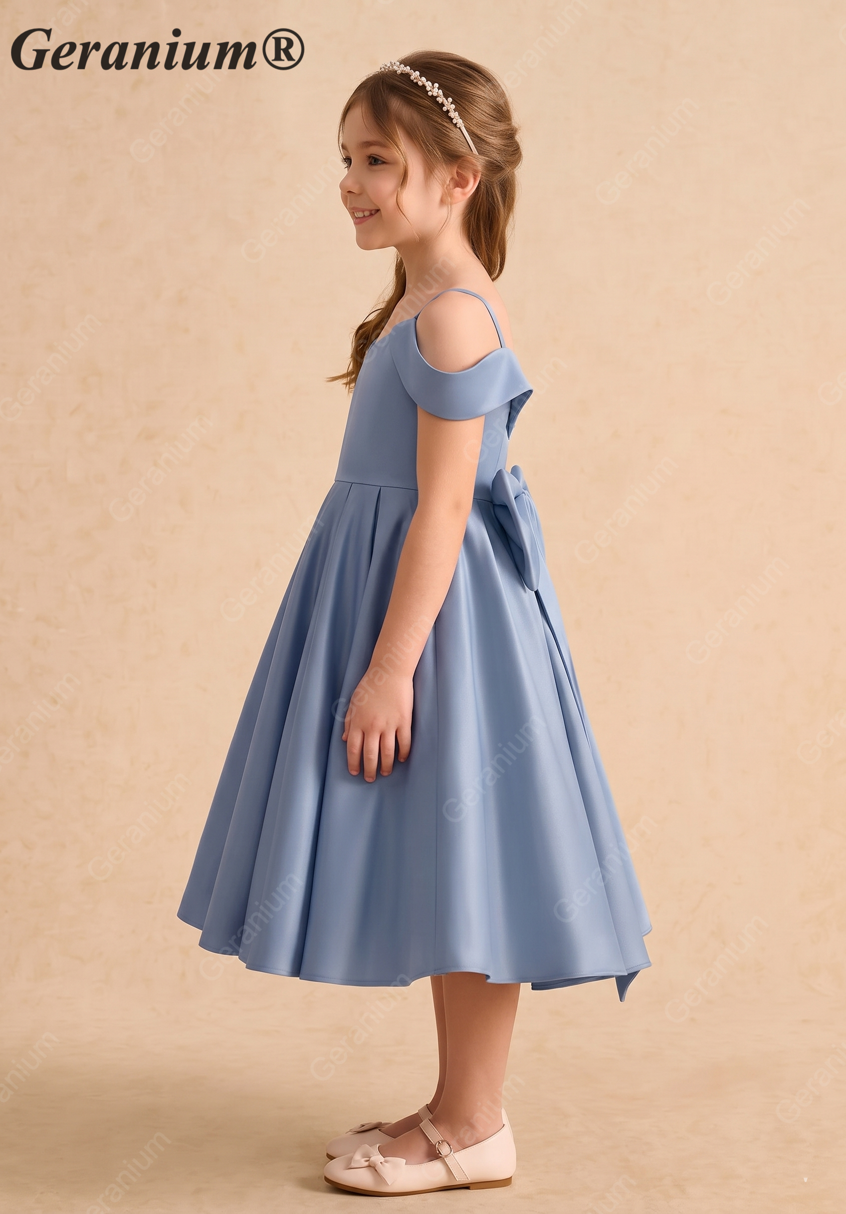 Geranium Elegant Dusty Blue Satin Off-The-Shoulder Flower Girl Dress with Oversized Back Bow KD-257