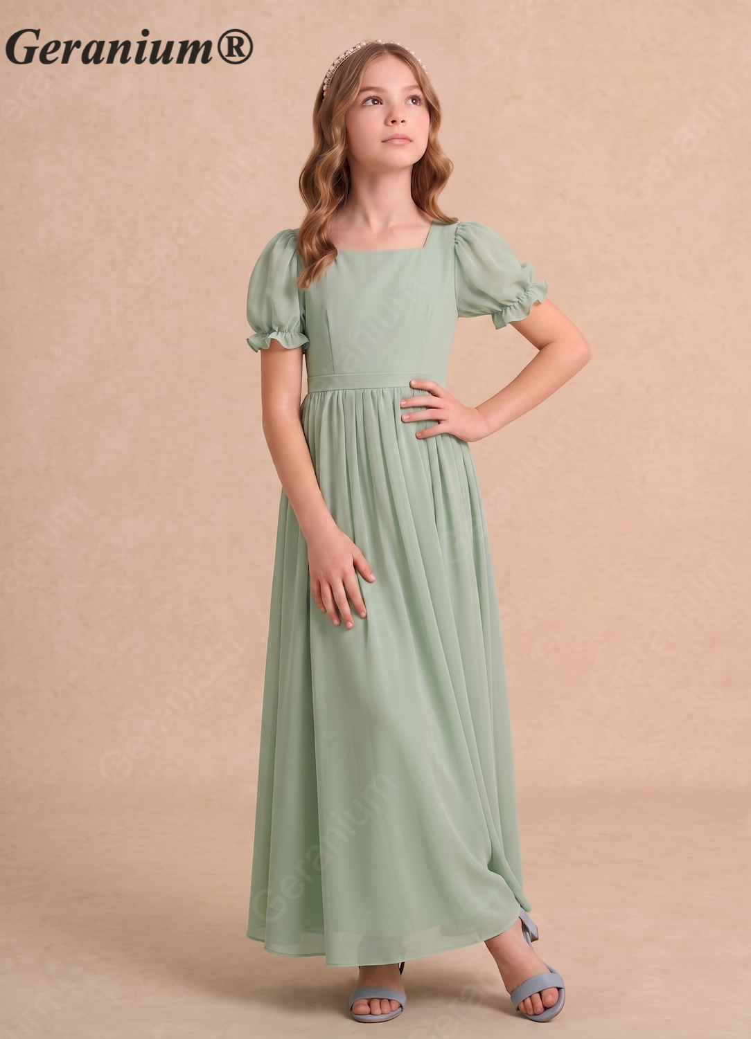 Geranium Sage Green Chiffon Flower Girl Dress with Puff Sleeves - Square Neck Junior Bridesmaid Party Gown KD-178 Secondary image