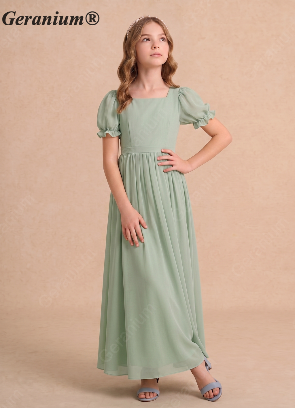 Geranium Sage Green Chiffon Flower Girl Dress with Puff Sleeves - Square Neck Junior Bridesmaid Party Gown KD-178