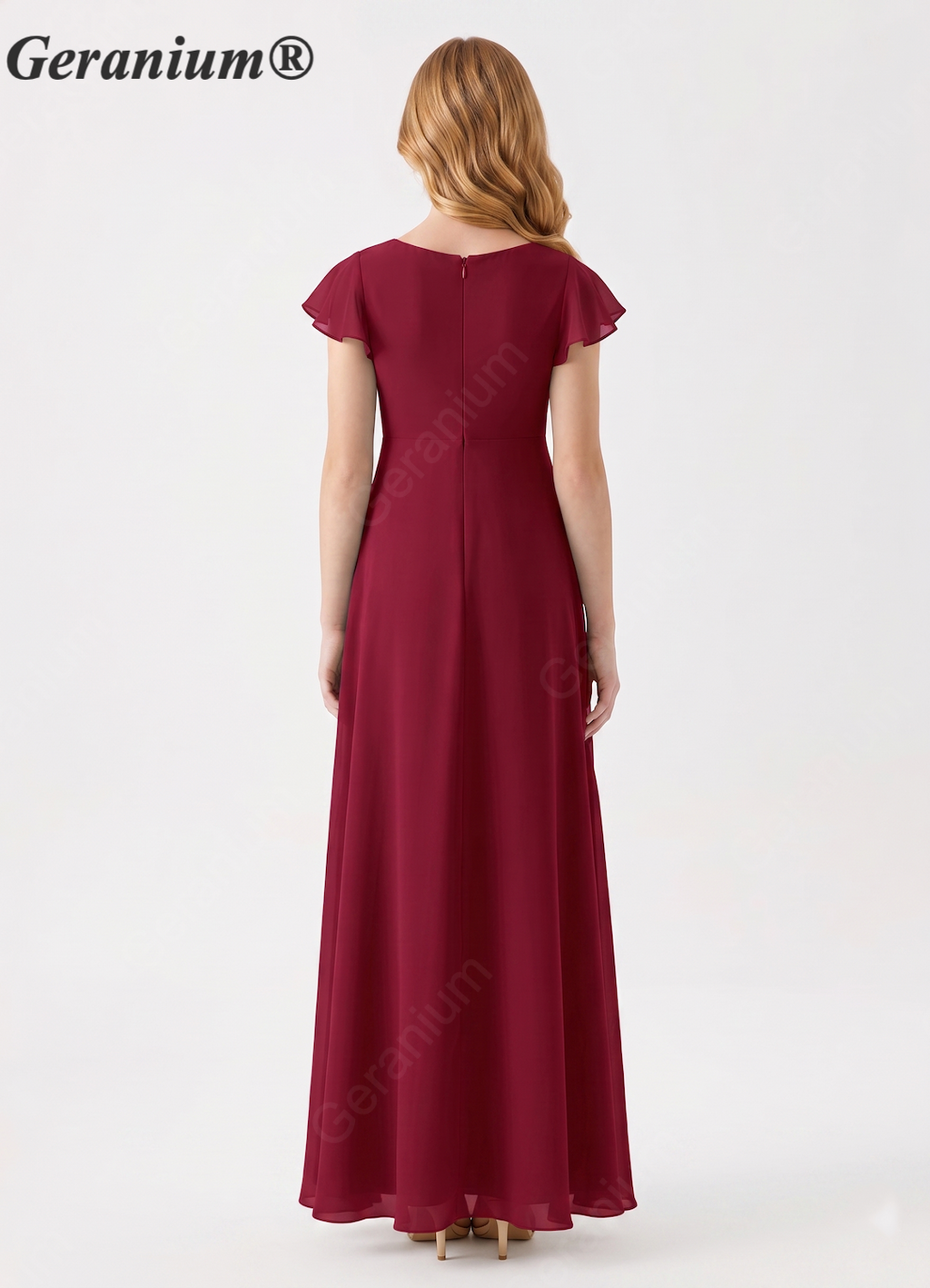 Geranium Burgundy Junior Bridesmaid Dress V-Neck Flutter Sleeve Chiffon High Low Formal Dress for Teen Girls KD-61