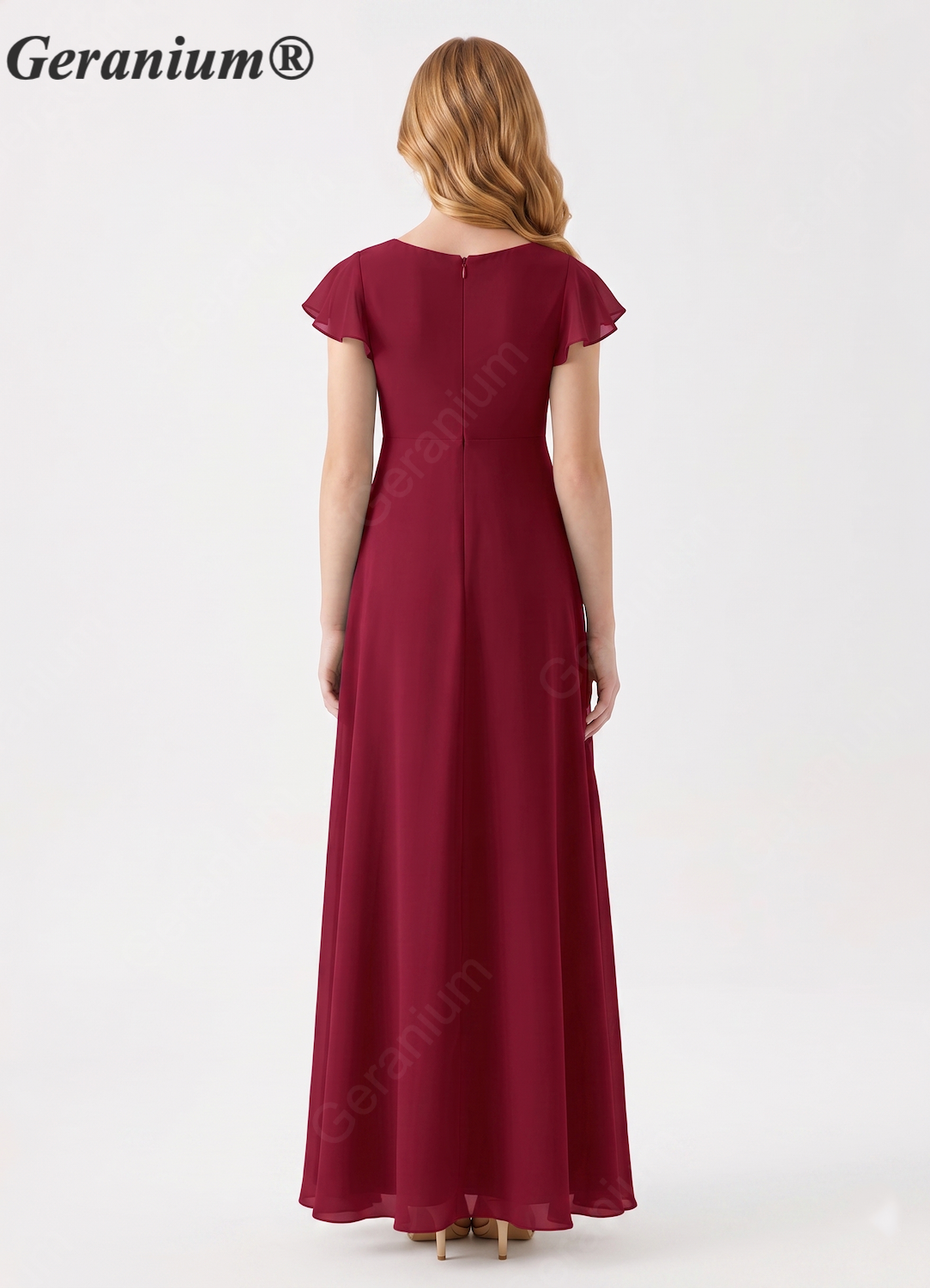 Geranium Burgundy Junior Bridesmaid Dress V-Neck Flutter Sleeve Chiffon High Low Formal Dress for Teen Girls KD-61