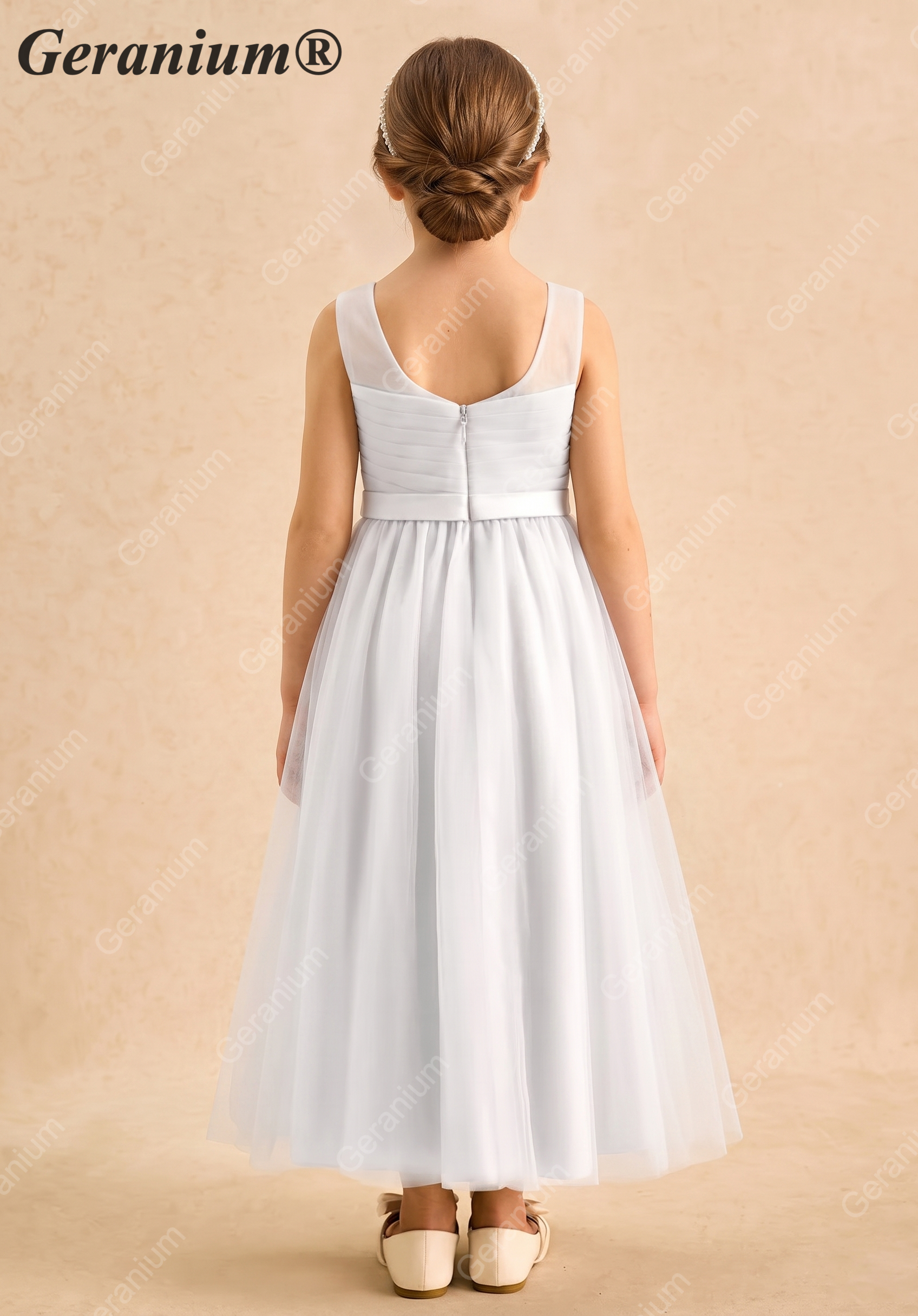 Geranium Elegant V-Neck Ruched Tulle Flower Girl Dress - Sleeveless Princess A-Line Gown for Weddings & Parties KD-225