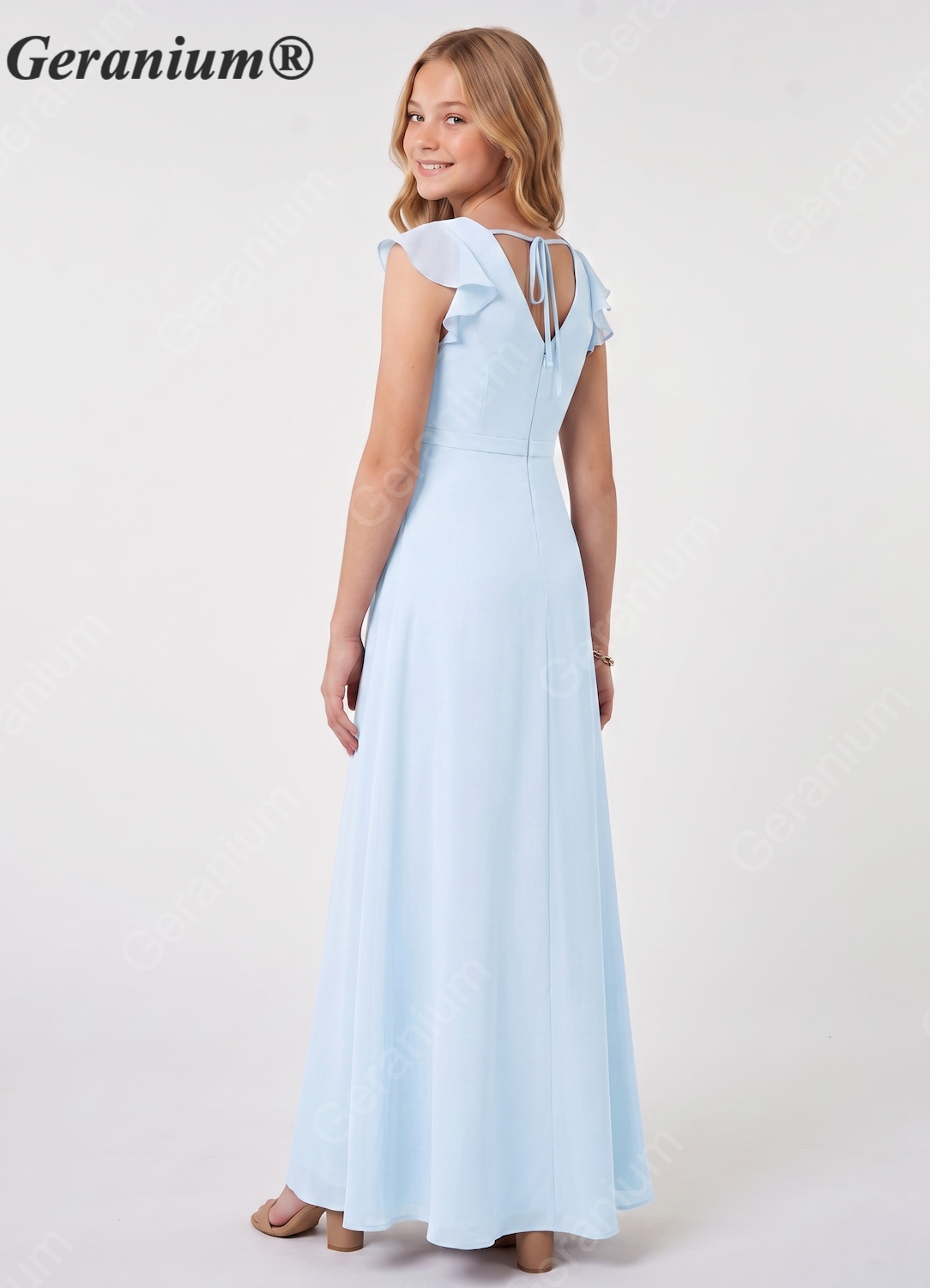 Geranium V-Neck Chiffon Junior Bridesmaid Dress with Flutter Sleeves & Slit – KD-84 Secondary image
