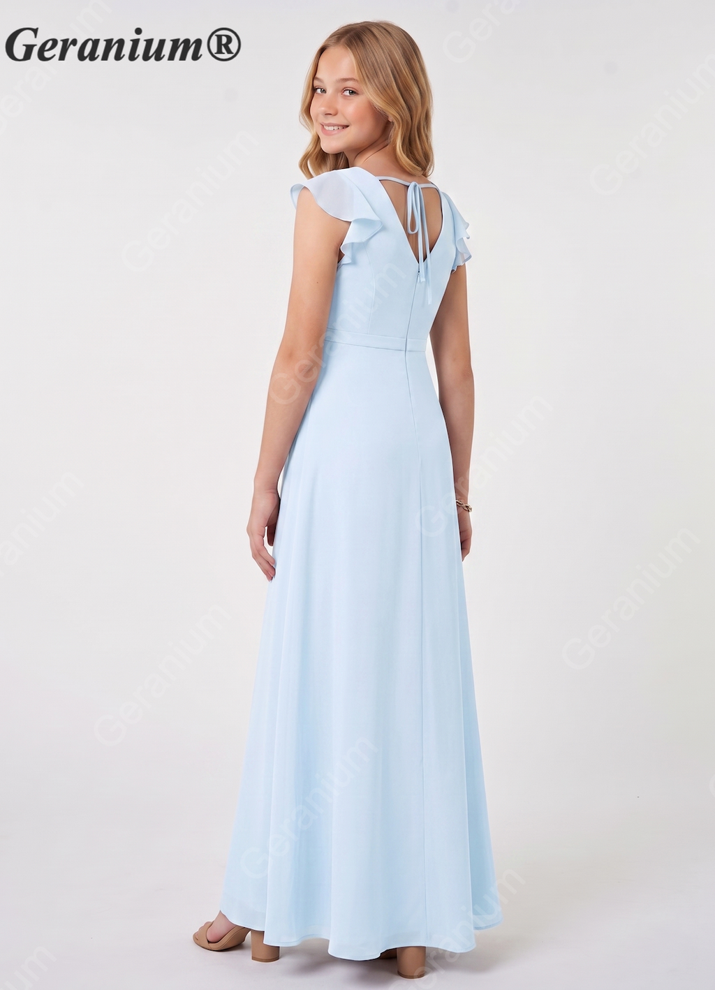 Geranium Light Blue Junior Bridesmaid Dress with Flutter Sleeves V-Neck Chiffon Floor-Length Dress with Slit KD-84